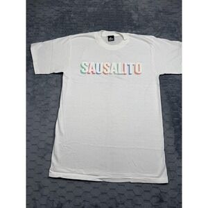 Vintage Sausalito Shirt Mens Large White Badger 3D Puff‎ Print 80s Bay Area USA